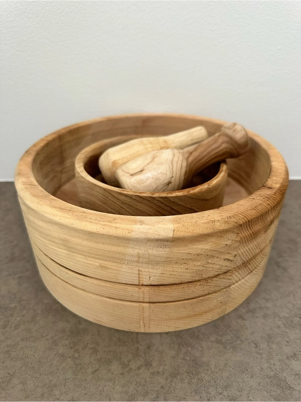 Set of 2 Natural Wood Mortar and Pestle Sets Light Wood Natural Grain Primitive
